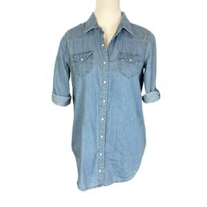 Highway Jeans Chambray Pearl Snap Roll Button Tab Top Shirt Blue Size Small